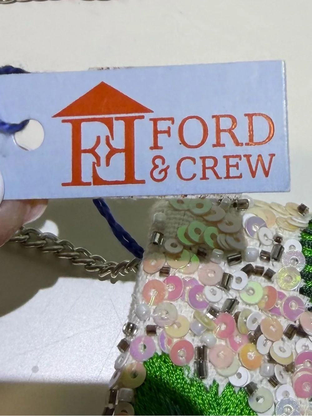 NWT Ford & Crew Tropical Palm Leaf Embroidered Sequin Envelope Clutch With Chain